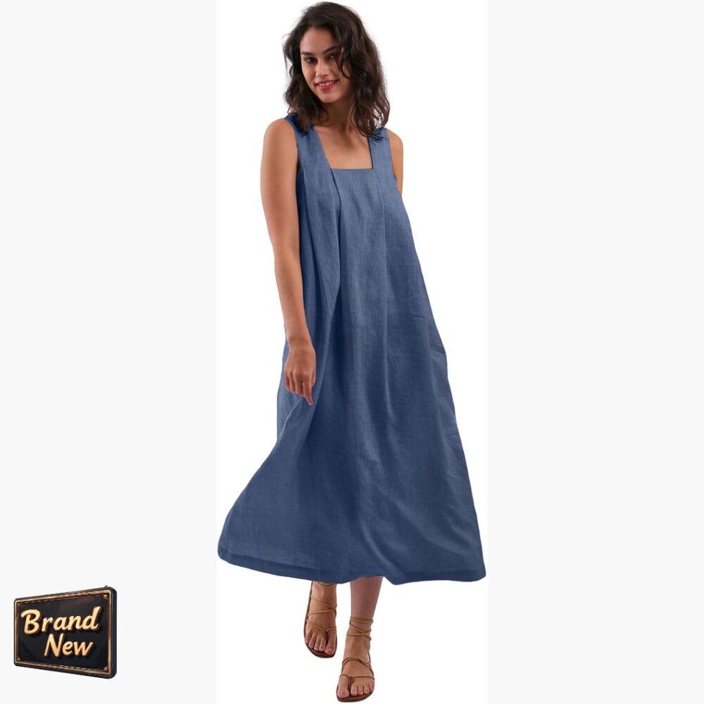 100% Linen Sleeveless Midi Dress With Pockets, Relaxed Fit Summer Casual